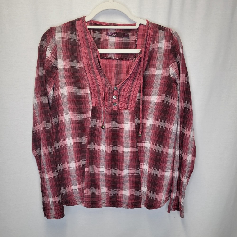 Prana Women's Small Popover Shirt Top Red Plaid